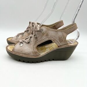 Fly London Ylfa Lace-up Wedge Sandals Peep Toe Leather Beige Gold Size 40